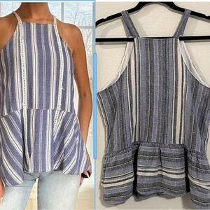 Maven West Women Peplum Top Large Blue Striped 100% Linen Halter Cottagecore